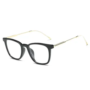 Unisex retro black frame glasses with gold metal temples clear lenses for daily fashion wear.