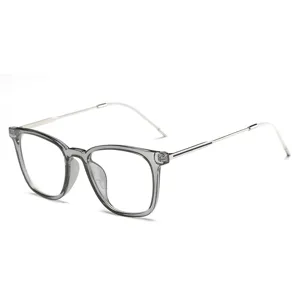 Clear grey frame glasses with sleek metal temples for men and women student daily wear style.