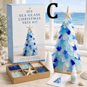 Kit sapin de Noël en verre de mer à fabriquer soi-même avec pièces bleues et étoile de mer