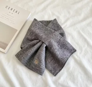 Korean style winter short knitted scarf for women with elegant floral embroidery grey chic.