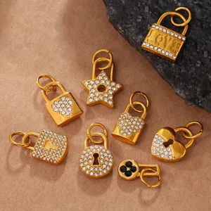Vintage gold lock pendants with heart and star diamond-encrusted designs for jewelry