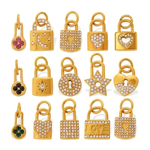 Gold plated lock pendants with rhinestones heart star moon shapes for jewelry making