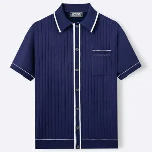 Close-up of men's blue ribbed knit short sleeve polo button shirt