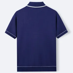Detailed back view of a men's navy blue short sleeve knitted polo shirt with white piping
