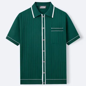 Close-up of a green short-sleeved ribbed knit Polo shirt with white piping detail