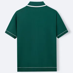 Back view of men's dark green knitted short sleeve polo shirt with white trim