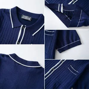 Detailed views of men's rib-knit polo shirt featuring white contrast piping and pocket.
