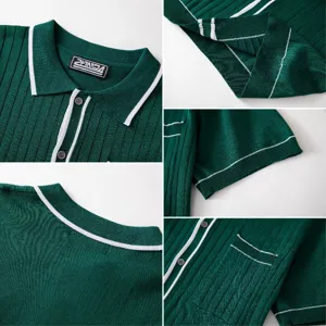 Detailed close-up view of a green men's ribbed knit polo shirt with white contrast piping