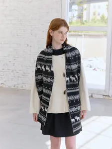 Close-up view of the Fair Isle knit scarf featuring classic reindeer and snowflake jacquard patterns.