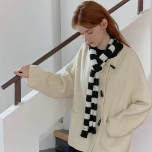 Black and white striped knitted narrow scarf versatile long winter warm neckerchief