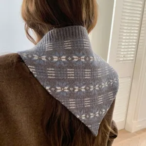 Vintage Fair Isle Jacquard Knitted Triangle Scarf For Women Snowflake Geometric Print Warm Lace-up Headwear Neck Accessory