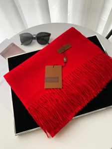 Dettaglio sciarpa in finto cashmere rosso con trama morbida e etichetta del marchio.