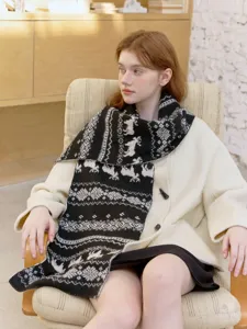 Fair Isle style double-sided elk jacquard knitted scarf for women, autumn winter warm retro.