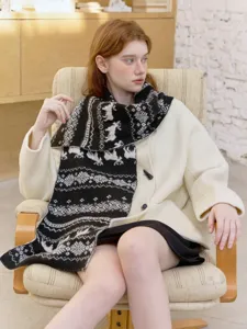 Cozy Fair Isle double-sided elk jacquard knit scarf, retro winter warm neck wrap.