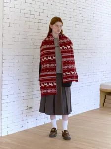 Fair Isle double-sided moose jacquard knitted scarf women autumn winter warm retro style