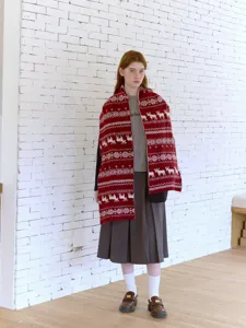 Fair Isle reversible reindeer knit scarf for women, cozy winter retro warm neck warmer.