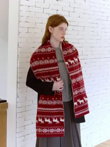 Fair Isle reversible reindeer knit scarf, winter warm retro casual neck warmer for women.
