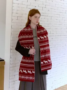 Fair Isle double-sided reindeer jacquard knit scarf, autumn and winter warm cozy neck warmer