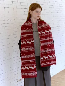 Fair Isle double-sided elk jacquard knitted scarf for women, warm winter retro style.