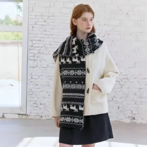 Fair Isle double-sided elk jacquard knitted scarf women winter warm retro soft muffler
