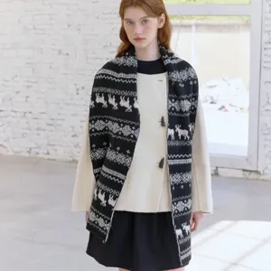 Fair Isle double-sided elk jacquard knit scarf for women, winter warm retro neck warmer