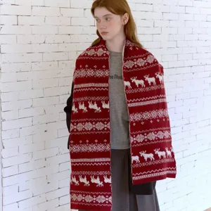 Fair Isle double-sided reindeer jacquard knitted scarf women autumn winter warm retro style