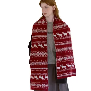 Fair Isle knit winter scarf for women, cozy red reindeer snowflake pattern thermal neck wrap.