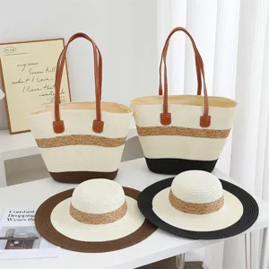 Damen Stroh Handtasche und Sonnenhut Set, Sommer Strand Freizeit geflochtene Tasche mit Hutrand.