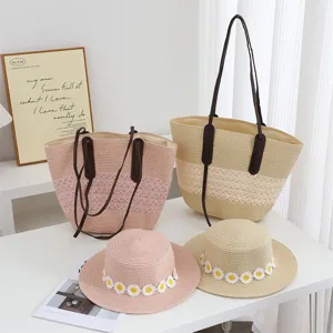 Women Summer Straw Hat And Tote Bag Set Casual Woven Sun Hat Large Capacity Beach Shoulder Handbag Vacation Accessories