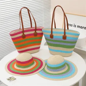Conjunto de bolso tote de paja de verano y sombrero de sol, bolso de playa rayado para mujeres.