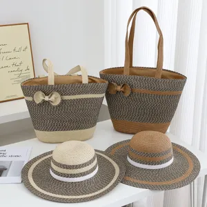 Detail view of casual straw sun hats and large capacity woven beach bags for summer vacation.