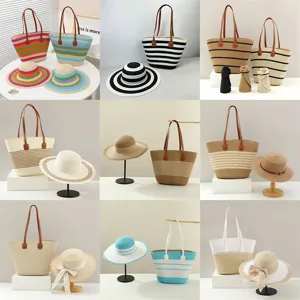 Conjunto bolso tote de paja playa y sombrero para mujer, bolso tejido informal de gran capacidad.