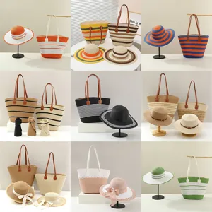 Bolso tote de paja tejida y sombrero de sol para mujer, bolsa de playa francesa de gran capacidad.
