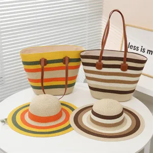 Conjunto de bolso tote de paja para playa y sombrero de sol, diseño de rayas, gran capacidad.
