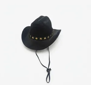 Schwarzer Mini-Haustier-Cowboyhut mit goldenen Sternen und verstellbarem Riemen