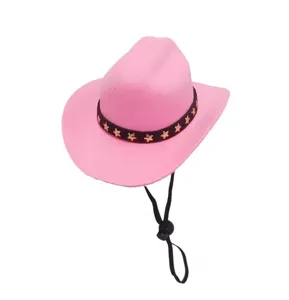 Detailansicht eines rosa Filz-Haustier-Cowboyhuts mit Sternenband und verstellbarem Riemen