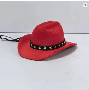 Detaillierte Nahaufnahme eines roten Mini-Haustier-Cowboyhuts mit goldenen Sternen.