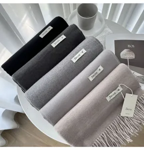 Solid color cashmere winter scarf shawl with fringe, elegant warm neck wrap for women.