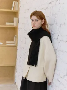 Black knitted winter scarf, solid color warm neck wrap for daily wear and outdoor fashion.