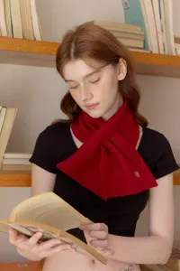 Korean style red knit short scarf with floral embroidery, cozy autumn winter neck warmer.