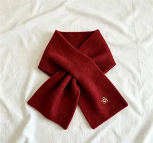Women winter short knitted scarf wine red elegant flower embroidery neck warmer soft cozy