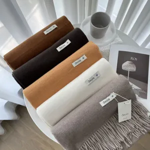 Solid color cashmere winter scarf shawl for women, soft warm tassel neck wrap, 250g thick cozy.