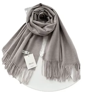 Solid color cashmere winter scarf for women, warm elegant tassel wrap, fashion cold weather shawl.