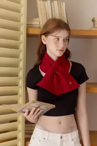 Korean style red knit short scarf with floral embroidery, elegant autumn winter neck warmer.
