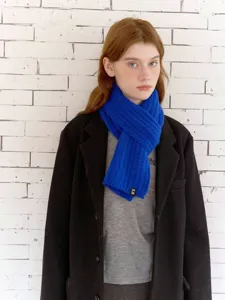 Blue cable knit wool blend scarf, Korean style winter warm neck protector for students and couples.