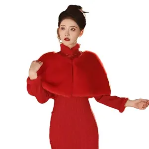 Scialle mantella in peluche rosso caldo invernale per qipao, elegante mantella da sera.