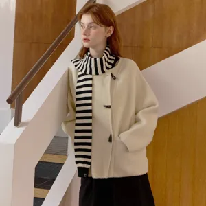Korean style chic women winter outfit with toggle coat and black white striped scarf fashion apparel