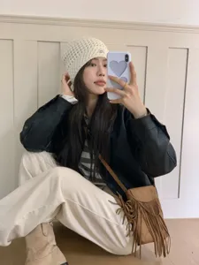 Korean retro hollow knit beanie winter warm versatile slouchy hat fashion casual wool cap