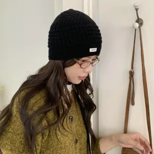 Korean vintage hollow-out knitted beanie for women, autumn winter warm cozy slouchy cap.