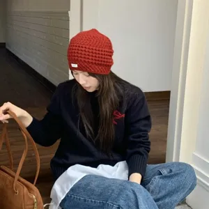 Korean vintage hollow knit beanie, autumn winter warm stylish cozy slouchy hat for women.